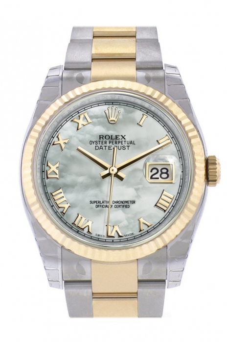 Datejust 36 White mother-of-pearl Roman Dial Fluted 18K Gold Two Tone Oyster Watch 116233