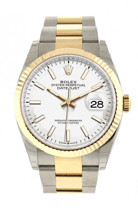 Datejust 36 White Dial Fluted Bezel Oyster Yellow Gold Two Tone Watch 126233 NP