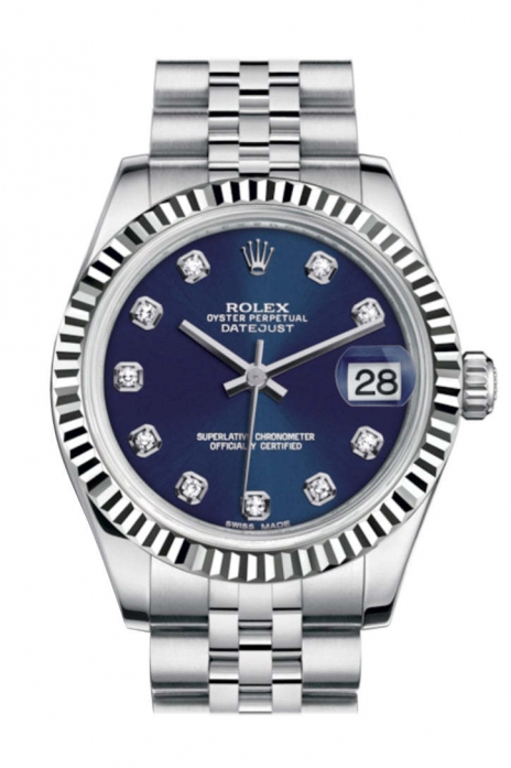 Datejust 31 Blue Set Diamonds Dial White Gold Fluted Bezel Jubilee Ladies Watch 178274