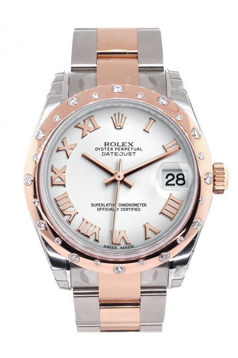 Datejust 31 White Roman Dial Diamond Bezel 18K Rose Gold Two Tone Ladies Watch 178341